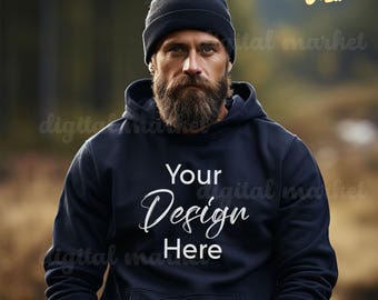 Navy Gildan 18500 Men's Hoodie Mockup Navy Blue Male Gildan Mockup 18500 Hoodie Mockup Men Fall Lifestyle Outdoor Hoodie Guy Dude Mockup