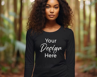 Black Long Sleeve 3501 Mock Up, Model Mock Up, Black Long Sleeve Tshirt, Trendy Mockup, Afro Woman Model, Black 3501 Long Sleeve Mockup