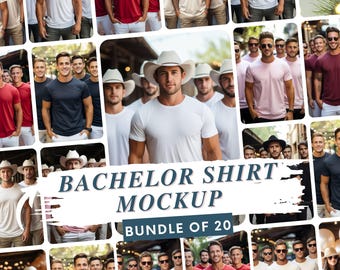 May include: A digital collection of twenty mockups featuring various individuals wearing solid-colored t-shirts in different settings. Some individuals wear cowboy hats or sunglasses. The text BACHELOR SHIRT MOCKUP BUNDLE OF 20 is displayed.