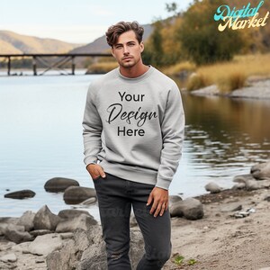 Grey Sweatshirt Mockup, Male Gildan Sweater Mockup, Fall Sport Grey Sweatshirt, Mens Model Mockup, 18000 Mock, 18000 Sport Grey Sweatshirt