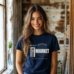 Bella Canvas 3001 Navy Tshirt Mockup, 3001 Navy T-shirt Mockup, Female Model Mock, Simple Basic Neutral Aesthetic Cozy Bella Canvas Shirt