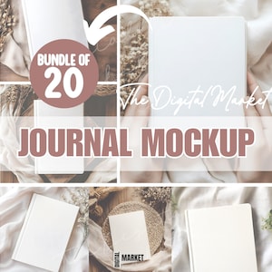 May include: A collage of white journal mockups featuring blank covers. The text BUNDLE OF 20 and JOURNAL MOCKUP is overlaid in white and brown. The images display various arrangements of journals with dried flowers and fabric textures in the background.
