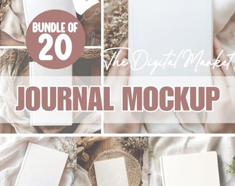 Può includere: Un collage di mockup di diari bianchi con copertine vuote. Il testo BUNDLE OF 20 e JOURNAL MOCKUP è sovrapposto in bianco e marrone. Le immagini mostrano varie disposizioni di diari con fiori secchi e texture di tessuto sullo sfondo.