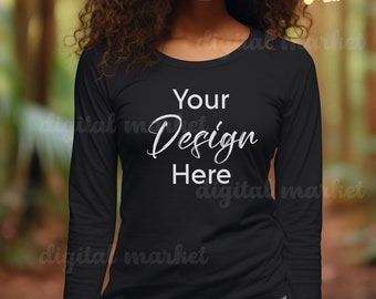 Black Long Sleeve 3501 Mock Up, Model Mock Up, Black Long Sleeve Tshirt, Trendy Mockup, Afro Woman Model, Black 3501 Long Sleeve Mockup