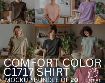 20 Comfort Colors T-Shirt Mockup Bundle, Neutral Lifestyle Flatlay Mockups, Boho Editable Shirt Mockup Pack, C1717 Girl Model Mockup Bundle