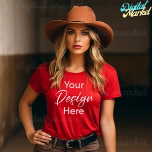Red Bella Canvas 3001 Mockup, Western Mockup, Lifestyle Bella Canvas Mockup, Red T-Shirt Mockup, Female Model Mock, 3001 T-shirt Mockup Red