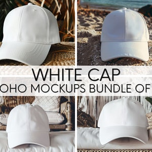 White Baseball Hat Mockup Bundle of 4, White Hat Boho Minimalist Mockup, Lifestyle Photo of Baseball Cap, Headwear Product Mock Up
