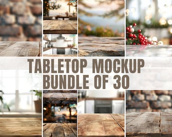 May include: A bundle of 30 tabletop mockups featuring various backgrounds, including a kitchen, a brick wall, a window with a plant, and a Christmas scene. The mockups are perfect for showcasing products or creating visual content.