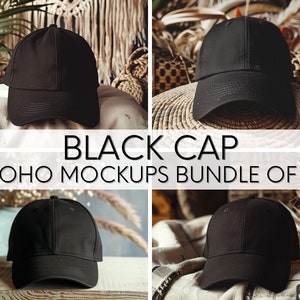 May include: Four mockups of a black baseball cap in different bohemian settings. The cap is made of a plain black fabric and has a curved brim.