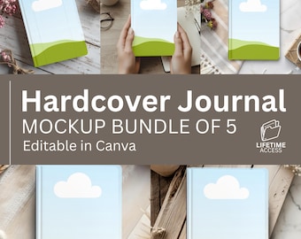 May include: A hardcover journal mockup bundle of 5 featuring a graphic design of a white cloud in a light blue sky above rolling green hills. The journals are presented in various settings, including on wooden surfaces and held in hands.