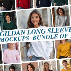 May include: A collection of thirty long-sleeve crewneck shirts in various solid colors, including white, black, red, pink, yellow, and green, displayed in a grid layout with the text GILDAN LONG SLEEVE MOCKUPS BUNDLE OF 30 overlaid in the center.