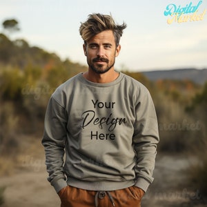 18000 Athletic Heather Sweatshirt, Gildan 18000 Athletic Heather Mockup, Male Gildan Sweater Mockup, Grey Sweatshirt, Man Model Mockup