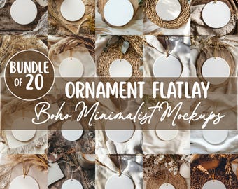 May include: A bundle of 20 ornament flatlay mockups with a boho minimalist theme. The image features multiple round, white ornaments with a neutral background. The ornaments are displayed on various textures, including wood, woven materials, and fabric, with natural elements.
