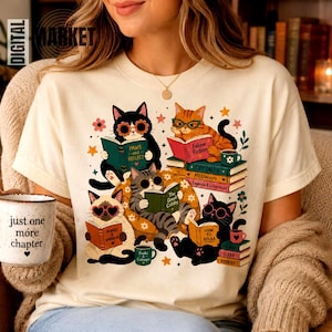 Lesende Katzen (PNG), Lustiges SVG für Bücherliebhaber, Niedliches Katzen-Bibliotheks-Shirt-Motiv, Gemütliche Bücher-Cliparts, Trendiges Tierdesign