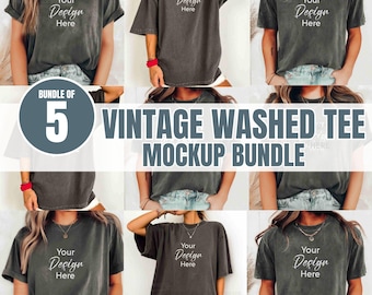 Pacchetto di mockup di magliette vintage lavate, mockup di magliette Comfort Colors, mockup di magliette unisex tinte in capo, espositore per design di abbigliamento