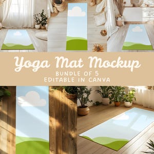 May include: A bundle of five editable yoga mat mockups featuring a light blue sky with white clouds and green grass. The mockups are designed to be used in Canva.