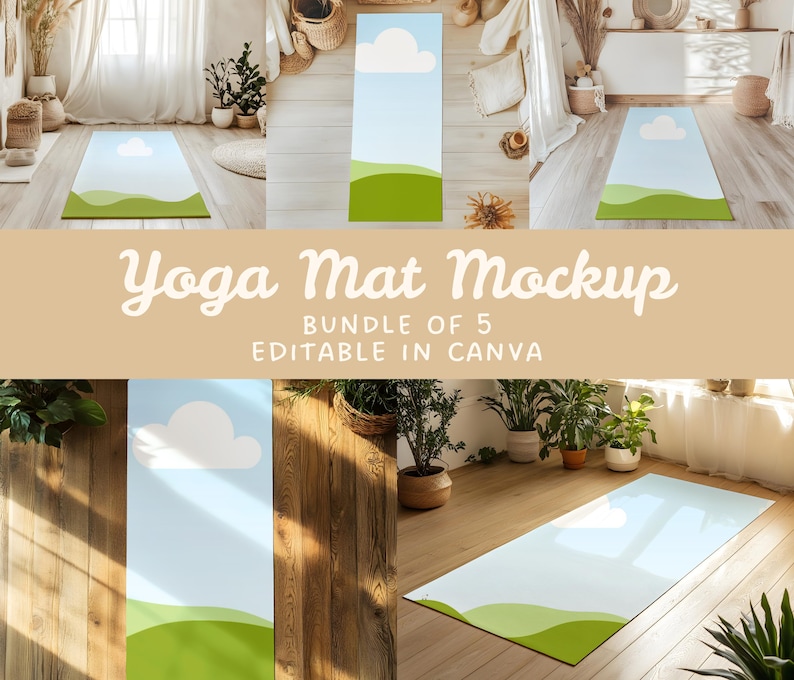 May include: A bundle of five editable yoga mat mockups featuring a light blue sky with white clouds and green grass. The mockups are designed to be used in Canva.