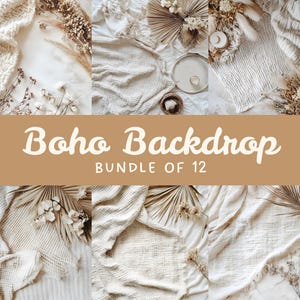 Puede incluir: Una colección de doce fondos de tela en color crema y blanco roto que incluyen muselina texturizada, mantas de punto y elementos botánicos secos como hojas de palma y flores, con el texto Boho Backdrop BUNDLE OF 12.