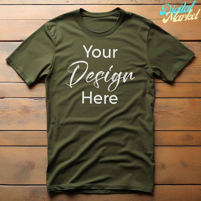 Puede incluir: Una camiseta verde con el texto "Your Design Here" impreso en la parte delantera.