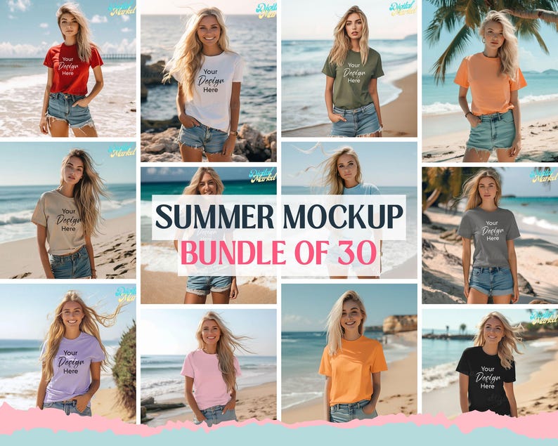 Summer Shirt Mockup, Mockup Bundle of 30, Beach Lifestyle Mockup Photos, Summer Lifestyle Mockup, Female Model, High Quality Image image 1