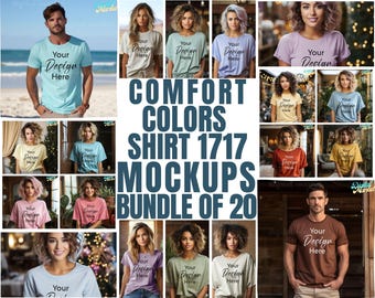 May include: A digital bundle of 20 Comfort Colors 1717 t-shirt mockups featuring various individuals wearing short-sleeved shirts in diverse colors, each displaying the text Your Design Here in the center of the chest area.