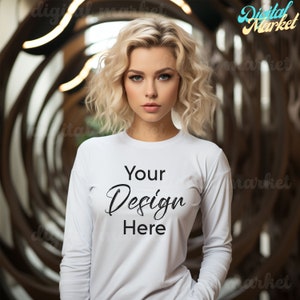 White Long Sleeve Shirt Mockup, Bella Canvas 3501 Mockup White, 3501 Mockup, White Long Sleeve Tee Mock up, Boho Chic Model, Trendy Mockup