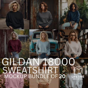 May include: A digital mockup bundle featuring 20 Gildan 18000 crewneck sweatshirts in various solid colors, including black, charcoal, navy, maroon, light blue, white, pink, beige, and light gray, displayed on individuals in diverse settings.