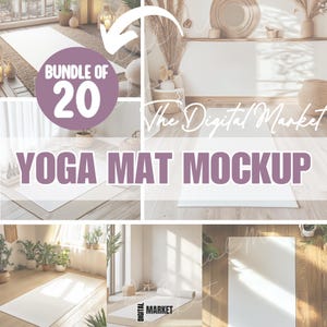 Könnte beinhalten: Ein Mockup-Bild mit einer weißen Yogamatte in verschiedenen Umgebungen. Der Text "BUNDLE OF 20" und "YOGA MAT MOCKUP" ist enthalten. Der Hintergrund umfasst Pflanzen, Holzböden und natürliches Licht, wodurch eine ruhige und einladende Atmosphäre entsteht.