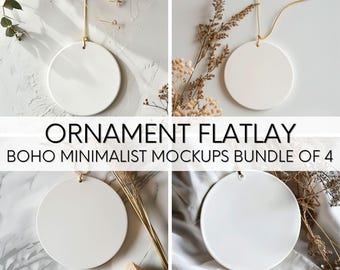 Flatlay Ornament Mockup Bundle of 4, Ornament Boho Minimalist Mockup, Lifestyle Photo of Ornament with String, Minimalist Product Mockup