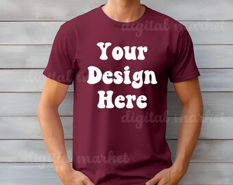 Mockup de camiseta Bella Canvas 3001 na cor bordô, modelo de camiseta masculina, estilo de vida urbano ao ar livre, mockup de camiseta bordô, 3001 bordô