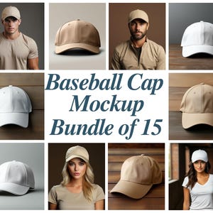 Può includere: Una collezione digitale di mockup di cappellini da baseball con quindici varianti. Le immagini mostrano cappellini da baseball tinta unita bianchi e beige, alcuni isolati e altri indossati da persone in vari contesti con sfondi neutri.