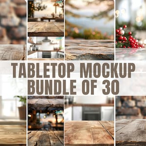 Könnte beinhalten: Eine digitale Sammlung von 30 Tischplatten-Mockups mit verschiedenen Holz-, Stein- und strukturierten Oberflächen. Die Bilder zeigen diverse Innen- und Außenbereiche mit unscharfen Hintergründen, darunter Küchen, Ziegelwände und festliche Dekorationen.