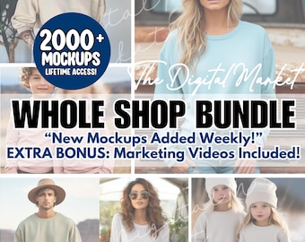 May include: A digital product bundle advertisement featuring a collection of apparel mockups. The text reads 2000+ MOCKUPS LIFETIME ACCESS, WHOLE SHOP BUNDLE, New Mockups Added Weekly, and EXTRA BONUS: Marketing Videos Included, with various clothing images.
