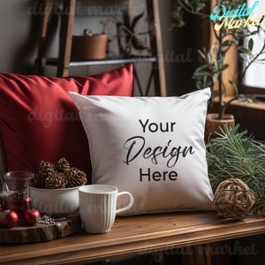 Christmas Mockup Throw Pillow Mockup White Decorative Pillow Accent Pillow Mockup Farmhouse Pillow Photo Design Flat Lay Mock Up JPG Digital
