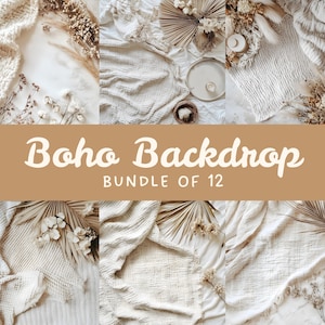 May include: A set of 12 digital backdrop images featuring a white, textured fabric with dried flowers and palm leaves. The images are perfect for creating a bohemian aesthetic in your photos.