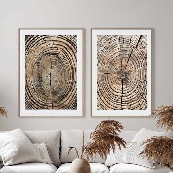 Wood Tree Rings Printable Wall Art Set of 2, Earthy Tone Geometric Unique Wall Art Decor Package, Nature Lover Gift