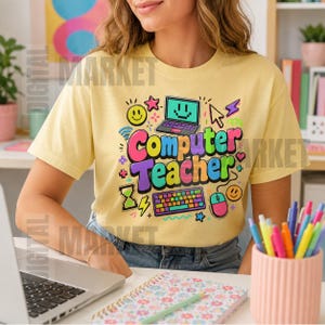 PNG SVG de profesor de informática, diseño colorido para sublimación de profesor de tecnología, archivo Cricut para la vuelta al cole, gráfico para camiseta de aula