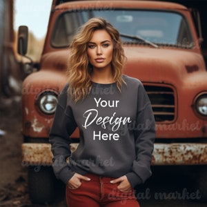 Dark Grey Sweatshirt Mockup, Gildan Sweatshirt Mockup, Dark Grey Pullover Mockup, Sweater Mockup, 18000 Gildan, Female Model Mockup
