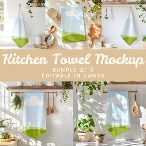 May include: A set of five kitchen towel mockups featuring a light blue towel with a white cloud and green grass design. The towels are displayed in various kitchen settings with plants and other kitchen accessories.