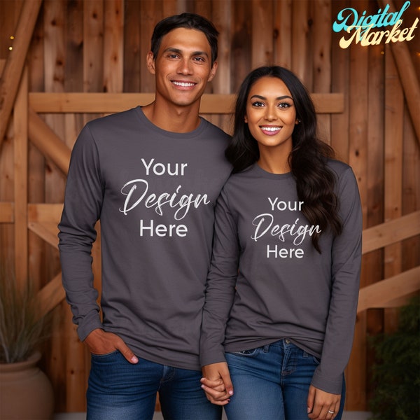 Long Sleeves Couple Mockup, Dark Grey Heather Long Sleeve Shirt Mockup, Bella Canvas 3501 Dark Grey Heather,  Bella Canvas 3501 Model Mockup