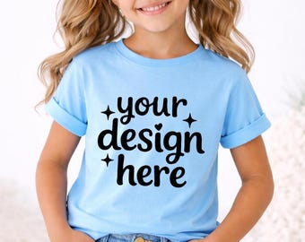 Light Blue Bella Canvas 3001T Kids T-Shirt Mockup, Girl Shirt Mockup, Child Model Mockup, Kids Apparel Mockup, Toddler Shirt Mockup