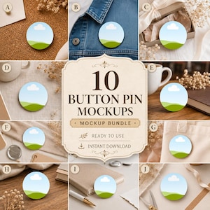 May include: A digital mockup bundle featuring 10 circular button pins with a landscape graphic of a green hill under a blue sky with a white cloud. The central text reads 10 BUTTON PIN MOCKUPS MOCKUP BUNDLE READY TO USE INSTANT DOWNLOAD.