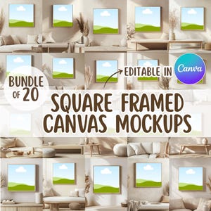 Vierkante ingelijste canvas mockup bundel van 20, bewerkbare canvas mockups, moderne muurkunst mockups, neutrale woonkamer flatlay mockups