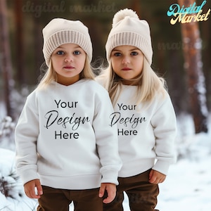White Sweater Toddler, White Rabbit Skins 3302 Toddler Long Sleeve Mockup, Winter Mockup, Toddler Mockup, White 3302, Sibling Mockup