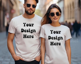 Maquette de t-shirt pour couple, maquette en toile Bella 3001, maquette pour couple Bella en toile 3001 blanche, maquette pour couple Bella en toile 3001, maquette d'été