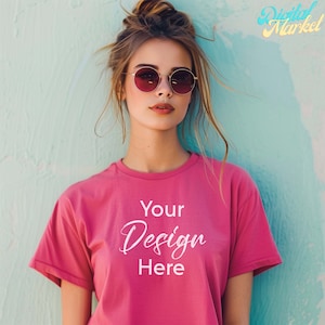 Bella Canvas 3001 Fuchsia Mockup, Pink Tshirt Mockup Tee, Trendsetter Mockups, Bella Canvas 3001 Fuchsia t-shirts, 5 women models mock-ups