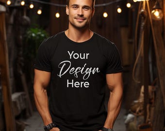 Black Tshirt Mockup 5000, Gildan 5000 Mockup, Model Mockup Gildan Shirt, Black Unisex Tee Mock Gildan, Outdoor Gildan 5000