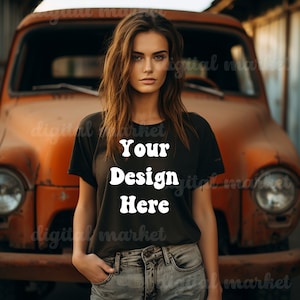 3001 Black Mockup, Bella Canvas 3001 Mockup, Black Tshirt Mockup, Boho Model Mockup, Bella Canvas Black Mockup, Vintage Truck Background