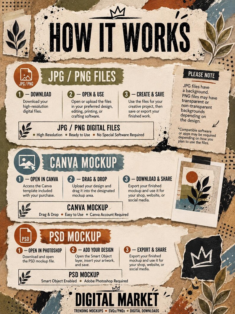 The image is a poster titled "HOW IT WORKS" that provides instructions on how to use different types of files, such as JPG/PNG, CANVA MOCKUP, PSD MOCKUP, and PSD MOCKUP.