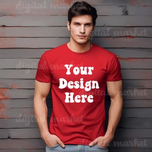 Rote Bella Canvas 3001 Mockup, T-Shirt Mockup, Männer T-Shirt Mockup, Modell Mockup, Styled Shirt Mockup, Rotes Tshirt mock, Modell 3001 Mockup